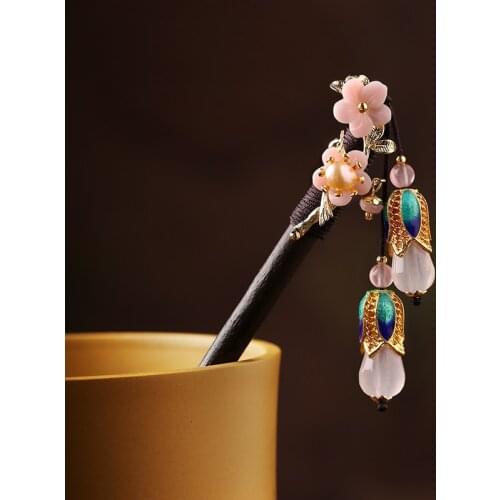 Fashion vintage Pendant pink flowers beaded Japanese kimono hairpin hanfu hair accessories pan head tools boxpack