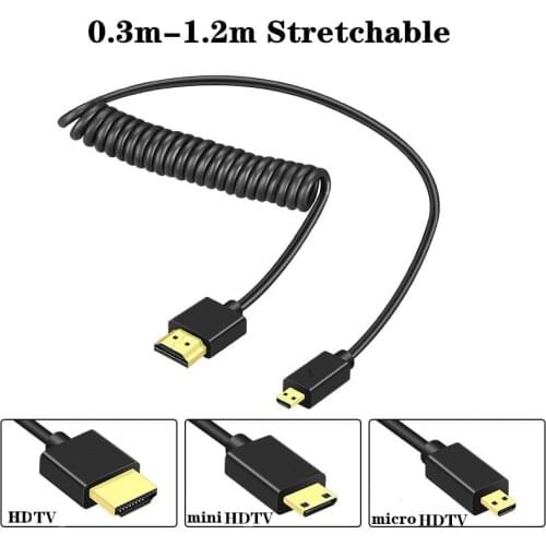 OD 3.2mm Mini micro HDMI-Compatible to HDMI-2.0 coiled cable to stretch Spring Curl Flexible Thin HDTV Cables 2k 4k hd @60hz
