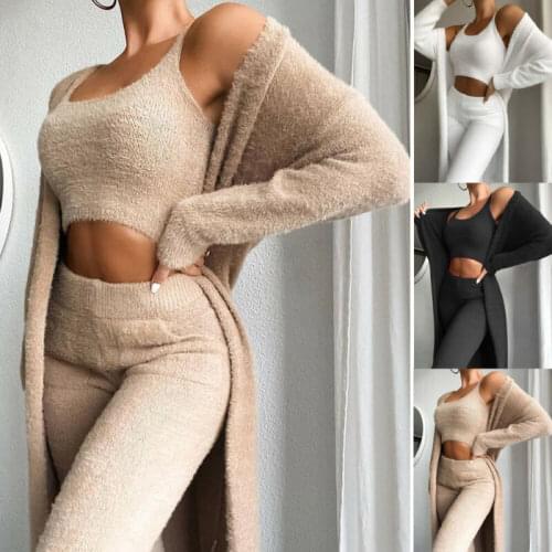 Richkeda Store New 2021 Teddy Lounge Wear Set Women 3 Piece Tracksuits Fleece Pyjamas Sets Female Nightwear Cardigan