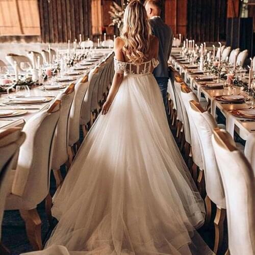 Wedding Dress with Detachable Train Lace Appliques Illusion Top Off Shoulder Straps Tulle Country Style Boho Bridal Gowns