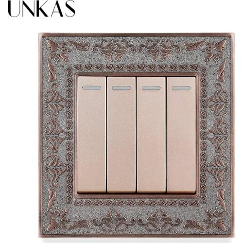 UNKAS 4 Gang 1 Way / 2 Way Wall Light On / Off Switch Grey 4D Embossing Panel Retro Zinc Alloy Luxury Pass Through Gray
