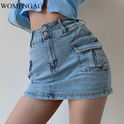 WOMENGAGA plus size Blue American High Waist Slimming Side Pocket Workwear Denim Mini Skirt Sexy Tight Hip Big pocket Women RQTD