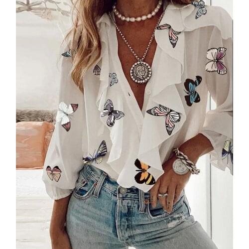 Elegant Floral Print Ruffle Women Blouse Shirt 2021 Spring Vintage V-Neck Tops Office Lady Summer Sexy Long Sleeve Chiffon Blusa