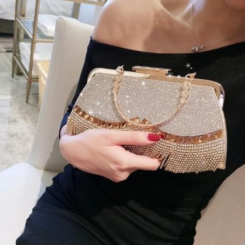 Womens Golden Wedding Evening Bag Party Rhinestone Tassel Shiny Handbag Bridal Metal Bow Clutches Bag Chain Shoulder Bag Purse