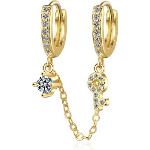 Womens Fashion Two Ear Hole Piercing Hoop Earrings Chain Tassel Key Golden/White Crystal Simple Bohemia Earring Jewelry Gifts