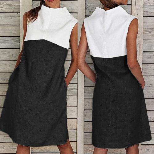 Women Casual Sleeveless Mock Neck Pockets Color Block Loose Knee-length Dress