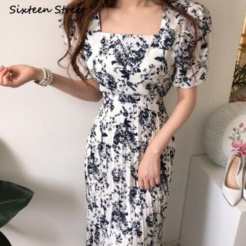 Y2k Aesthetic Korean Fashion Clothing Chic Retro Ink Print Square Collar Slim Pleated Dress Vestido De Mujer Vintage Elegant
