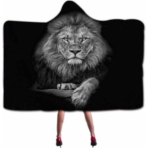 Animals Black Lion And Wolf Hooded Blanket For Adult Microfiber Sofa Hoodie Throw Blanket Office Nap Blanket Soft Shawl Cloak