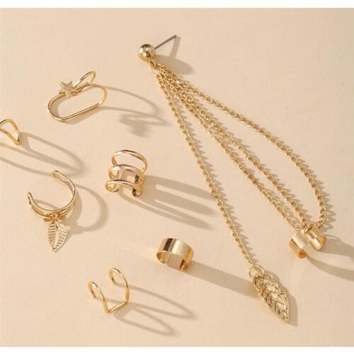 7Pcs/Set Earrings Leaf Shape Irregular Cuff Earrings Chain Earrings Dangle Earrings Jewelry Accessories Party Dress Up