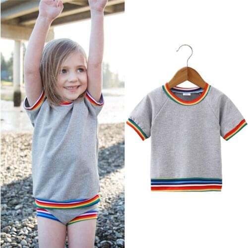 Children fashion clothing kids summer new boys girls short-sleeved round neck rainbow T-shirt grey Leisure tops