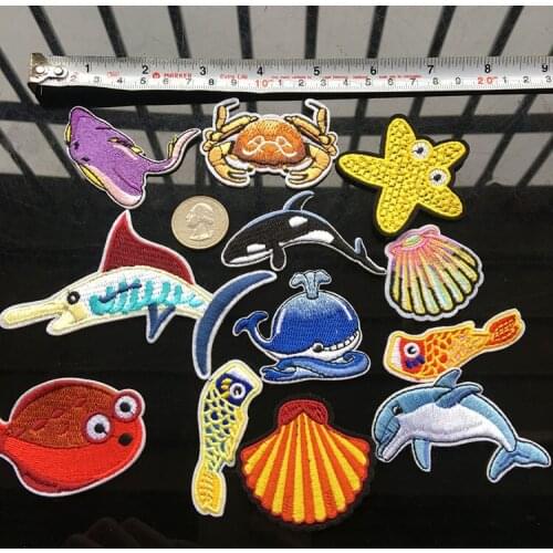 Cartoon Ocean Animal A set Whale Shark Marine Organism Turtle Iron On Embroidered Clothes Patches For Clothing Wholesale Badges