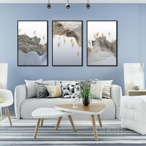 New Chinese Style Canvas Painting Abstract Mountain Bird Group Landscape Lines Poster Wall Art Pictures for Home Cuadros Decor