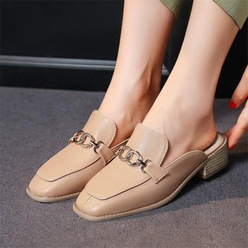 PXELENA 2021 Summer Hot Metal Chain Mules Women Shoes Med Heels Slip On Modern Slippers Plus Size 34-45 Date Slides Lady Comfort