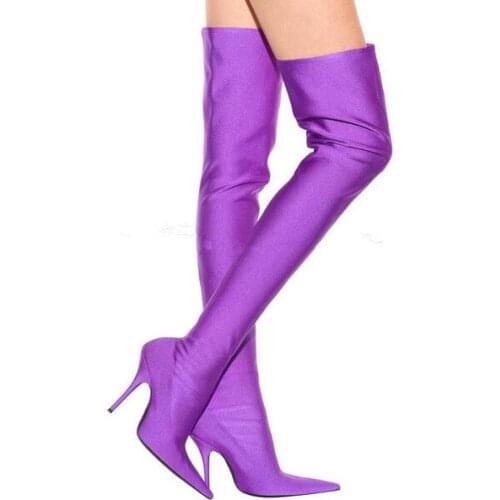 Spring 2017 Women Bright Violet Blue Green Black Elastic Silk Slim Pointed Toe Over The Knee Thigh High Heel Boots
