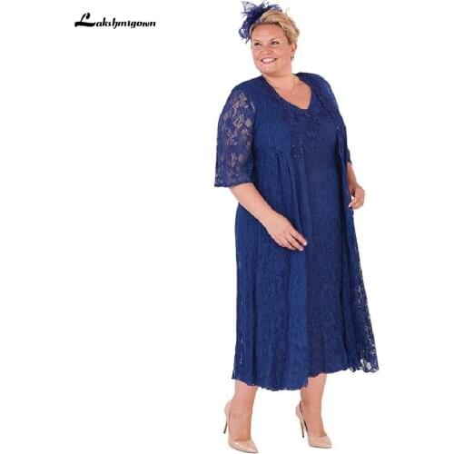 Vintage Lace Mother Of The Bride Dresses with Jacket Summer Wedding 2020 Vestidos de Noite Plus Size Blue Evening Party Dresses