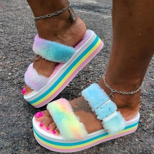 Winter Outdoor Women Faux Fur Slippers Platform Wedges Thick Muffin Heel Buckle Multi Fashion Trend Designer Shoes Ladies Female