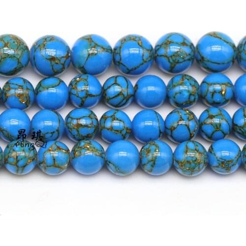 4/6/8/10/12mm Blue Howlite Spun Gold Loose Stone Beads Round for Accessories Jewellery Making Bracelet 15'' strand