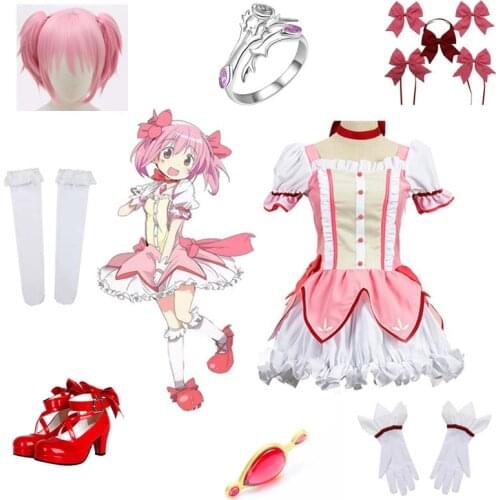 Anime Magical Girl Cosplay Costumes Kaname Madoka Role Play Full Set Dress Costumes for Men Women Halloween Suits Headwear Wig