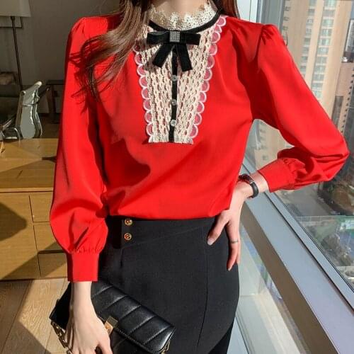 Womens Blouses and Tops 2021 Autumn Korean Lace Diamond Chiffon Shirt Fashion Long Sleeve Top Blusas Mujer De Moda