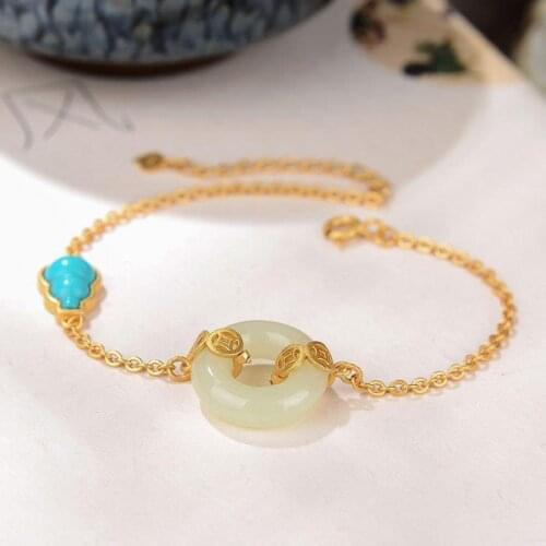 Gourd Peace Buckle Coin Bracelet Bracelet Original Special Ornament S925 Silver Turquoise Hetian Jade Retro Retro