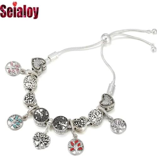 Seialoy 5 Color Round Tree Of Life Charm Bracelets For Women Original Heart Tree Of Life Bead Adjustable Length Bracelet Jewelry
