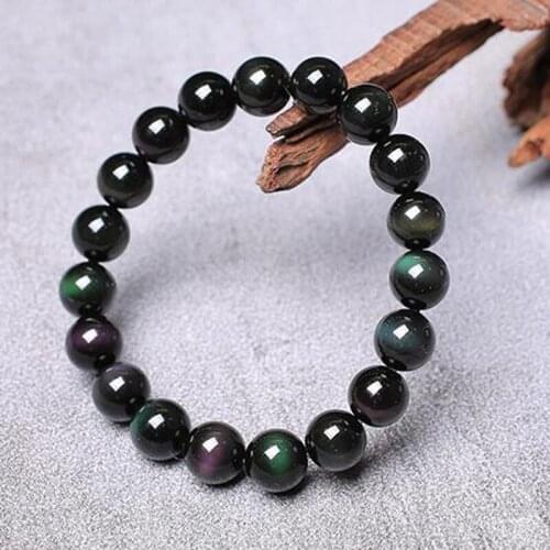 Natural Obsidian Black Bracelet Rainbow Eye Beads Bangle Round Jewelry Drop Shipping Women Men Bijoy