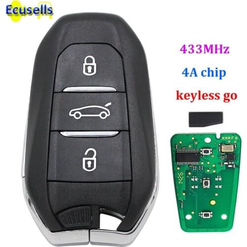 Keyless-Go smart remote key 3 buttons 433MHz 4A chip for Peugeot 208 308 508 3008 5008 with emergency key HU83