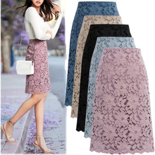 Elegant Women Solid Color Floral Lace Zipper A Line Bodycon Knee-length Skirt
