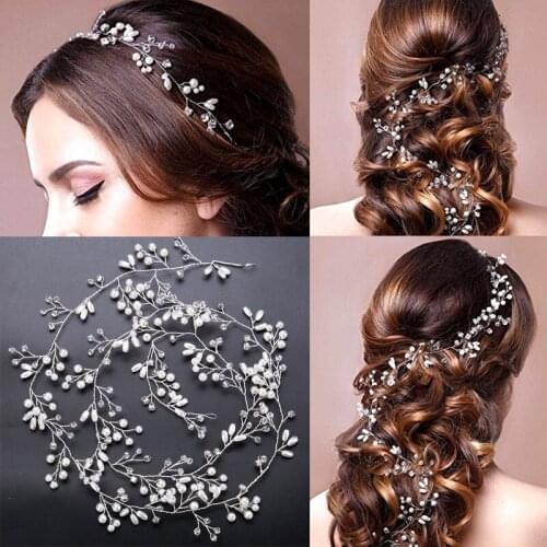 SLBRIDAL Handmade Alloy Wired Rhinestones Crystals Pearls Flower Leaf Wedding Headband Bridal Hair Vine Hair Accessories Women