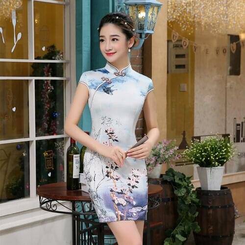 Chinese Womens Traditional Silk Mini Dress Silk Female Cheongsam with Flower Pattern Short Sleeve Girl Part Dress Qipao 18