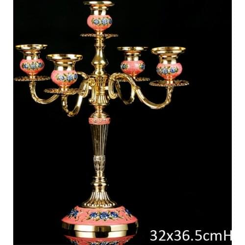 Classic Embossed Rose Design Shiny Gold Plating with Pink Blue Hand Painted Table Decor 5 Pieces Metal Alloy Stick Candle Holder
