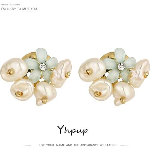 Yhpup Korean Elegant Natural Pearl Stud Earrings Exquisite Crystal Geometric Earrings Jewelry Gift Aretes De Mujer Modernos 2021