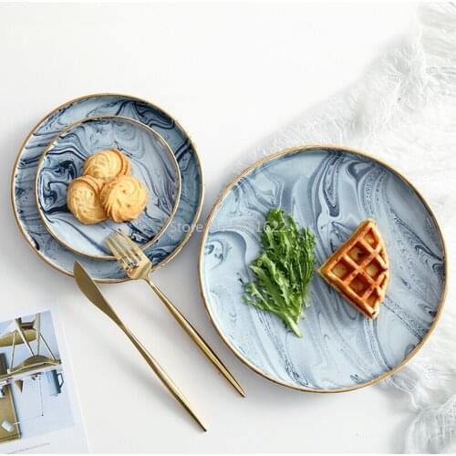 Creative Marbled Ceramic Plates Fruit Tray Cake Dishs Steak Plate Dinnerware Breakfast Plate Round Dish tableware Home Kitchen