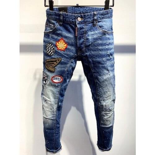 Fashion Trend Dsquared2 Patch Washing Distressed Hole Paint Spot Micro-elastic Slim Mens Jeans A338