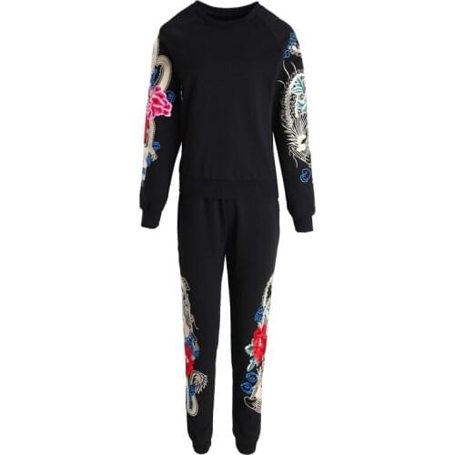 Fashion Tracksuit Women Two Piece Set 2020 Winter Korean Black Embroidery 2 Piece Set Women Casual Ladies Tracksuits Sets 3XL4XL