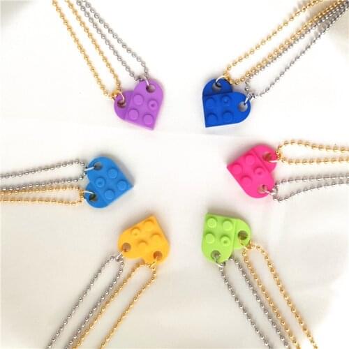 2Pcs Cute Love Heart Brick Pendant Necklace for Couples Friendship Women Men Lego Element Couple Valentines Gift Punk Necklaces