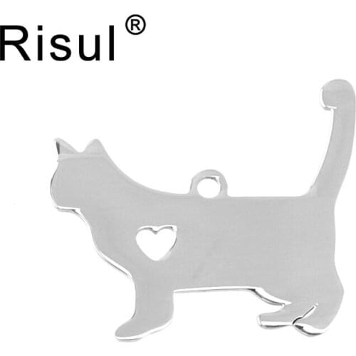 Risul I love my cat long tail cat Stainless steel Pendant with heart puppy pet ID blank dog tag for print Mirror polish 10pcs