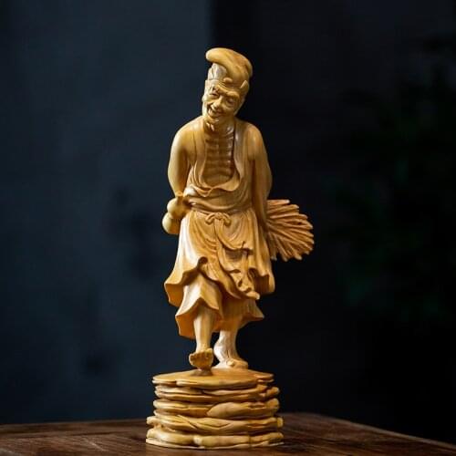 Boxwood 21cm Ji Gong Sculpture Chinese Crazy Monk Wood Buddha Status Feng Shui Home Decor