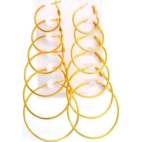 6Pairs/set Steampunk Ear Clip Big Circle Hoop Earrings Women Vintage Brincos Round Earrings Party Jewelry Gift Gold 2020