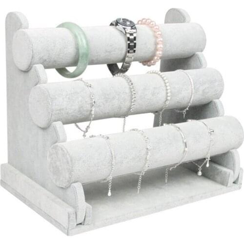 3 Tier Grey Velvet Bracelet Chain Watch T-Bar Rack Jewelry Organizer Hard Display Stand Holder