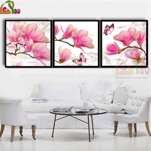 Triptych Diamond Embroidery Pink Magnolia With Butterflies Mosaic Handicraft 5d Diy Diamond Painting Cross Stitch Home Decor