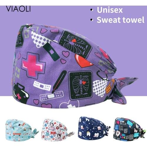 High Quality Cartoon print unisex frosted caps adjustable lab caps cotton female cute scrubs cap pet beauty work hats wholesale