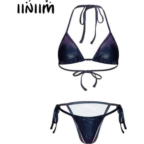 Women Beachwear Shiny Striped Lace-up Bikini Set Swimsuit Micro Bikini Swimwear Halter Neck Removable Pads Bra Top with Briefs