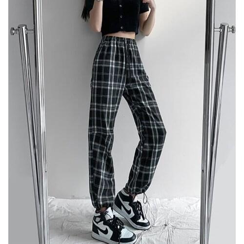 Womens Pants Retro Hong Kong Style Black And White Plaid Pants New Loose High-waist Drawstring Wide-leg Pants Harajuku Trouser