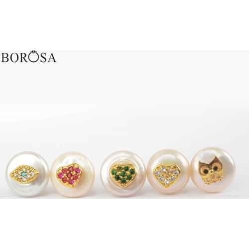 BOROSA 10Pairs Round Gold Plating Natural Pearl Multi CZ Stud Freshwater Pearl Bead Multi Patterns Stud Jewelry for Women WX1225