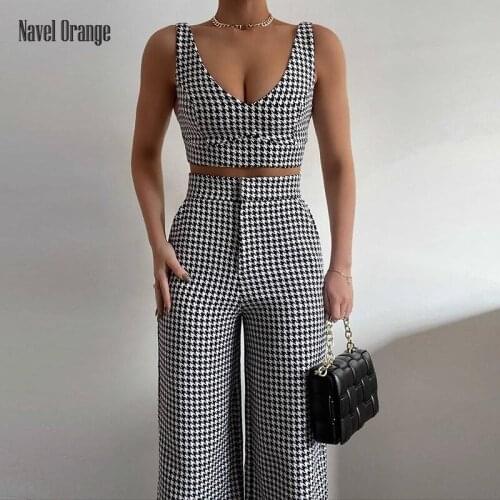 2021 Women Vest Wide Leg Pants 2PCS Suit V-Neck Backless Spliced Plaid Set Summer Casual Slim High Waist Streetwear Dropshipping