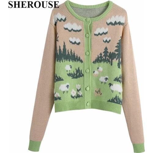 SHEROUSE Women Fashion Cartoon pattern Knitted Cardigan Vintage Long Sleeves O-Neck Jacquard Knit Sweater Woman Chic Tops