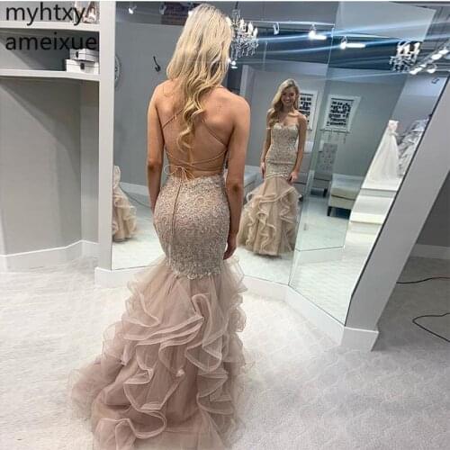 Sexy Long Custom Prom Dress Crisscross 2020 Back Champagne Gold Appliques Robe De Soiree Tiered Tulle Skirt Women Formal Party