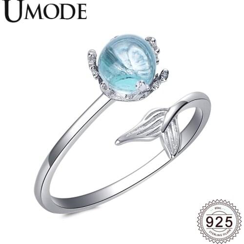 UMODE New 925 Sterling Silver Blue Artifitial Crystal Adjustable Open Ring for Women Cute Mermaid Tail 925 Jewelry ALR0746