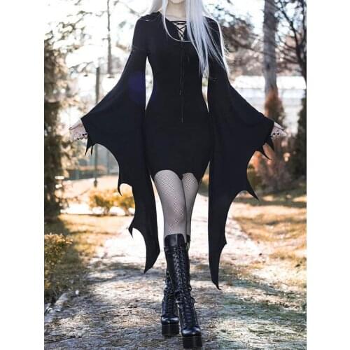 Dress 2021 Women Super Bat Sleeve Gothic Sexy Halloween Dress Robe Sexy Femme Midi Jurk Festive Clothing